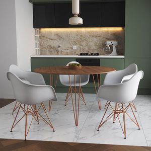 Mesa Jantar Redonda 110Cm Amêndoa Clips 3 Pés Com 5 Poltronas Brancas Base Cobre - Cor: Amendoa