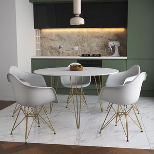 Mesa Jantar Redonda 110Cm Branca Clips 3 Pés Com 5 Poltronas Brancas Base Dourada - Cor: Branco
