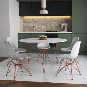 Mesa Jantar Redonda 110Cm Branca Clips 3 Pés Com 5 Cadeiras Brancas Base Cobre - Cor: Branco
