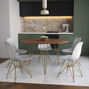 Mesa Jantar Redonda 110Cm Amêndoa Clips 3 Pés Com 5 Cadeiras Brancas Base Dourada - Cor: Amendoa