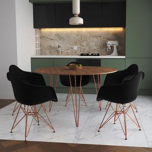 Mesa Jantar Redonda 110Cm Amêndoa Clips 3 Pés Com 5 Poltronas Pretas Base Cobre - Cor: Amendoa