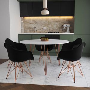 Mesa Jantar Redonda 110Cm Branca Clips 3 Pés Com 5 Poltronas Pretas Base Cobre - Cor: Branco