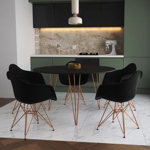 Mesa Jantar Redonda 110Cm Preta Clips 3 Pés Com 5 Poltronas Pretas Base Cobre - Cor: Preto