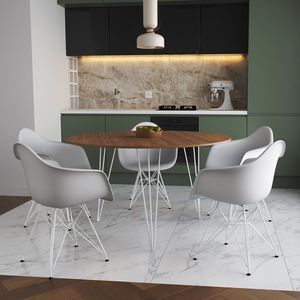 Mesa Jantar Redonda 110Cm Amêndoa Clips 3 Pés Com 5 Poltronas Brancas Ferro Branco - Cor: Amendoa