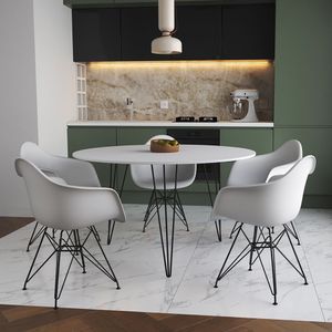 Mesa Jantar Redonda 110Cm Branca Clips 3 Pés Com 5 Poltronas Brancas Ferro Preto - Cor: Branco