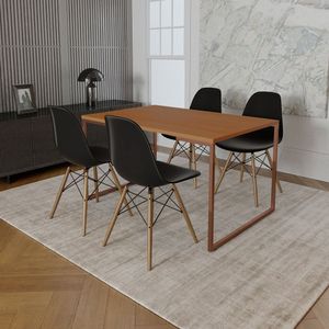 Mesa Industrial Base Ferro Cobre Tampo 137X90 Canela 4 Cadeiras Madeira Assento Preto Marrom
