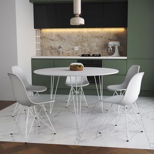 Mesa Jantar Redonda 110Cm Branca Clips 3 Pés Com 5 Cadeiras Brancas Ferro Branco - Cor: Branco