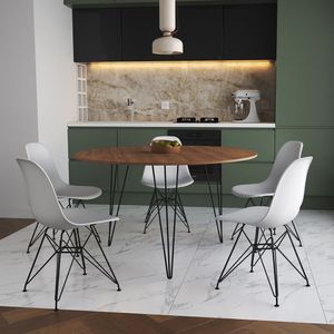 Mesa Jantar Redonda 110Cm Amêndoa Clips 3 Pés Com 5 Cadeiras Brancas Ferro Preto - Cor: Amendoa