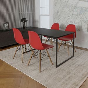 Mesa Industrial Base De Ferro Preto Tampo 137X90 Preto 4 Cadeiras Madeira Assento Vermelho Preto