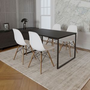 Mesa Industrial Base De Ferro Preto Tampo 137X90 Preto 4 Cadeiras Madeira Assento Branco Preto
