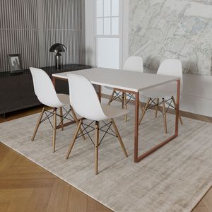 Mesa Industrial Base Ferro Cobre Tampo 137X90 Branco 4 Cadeiras Madeira Assento Branco Branco