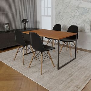 Mesa Industrial Base De Ferro Preto Tampo 137X90 Canela 4 Cadeiras Madeira Assento Preto Marrom