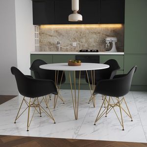 Mesa Jantar Redonda 110Cm Branca Clips 3 Pés Com 4 Poltronas Pretas Base Dourada - Cor: Branco