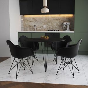 Mesa Jantar Redonda 110Cm Preta Clips 3 Pés Com 4 Poltronas Pretas Ferro Preto - Cor: Preto
