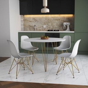 Mesa Jantar Redonda 110Cm Branca Clips 3 Pés Com 4 Cadeiras Brancas Base Dourada - Cor: Branco