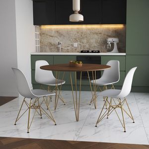 Mesa Jantar Redonda 110Cm Amêndoa Clips 3 Pés Com 4 Cadeiras Brancas Base Dourada - Cor: Amendoa