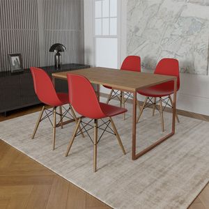 Mesa Industrial Base Ferro Cobre Tampo 137X90 Amêndoa 4 Cadeiras Madeira Assento Vermelho Marrom