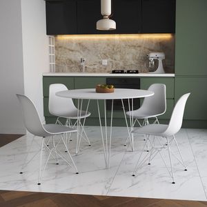 Mesa Jantar Redonda 110Cm Branca Clips 3 Pés Com 4 Cadeiras Brancas Ferro Branco - Cor: Branco