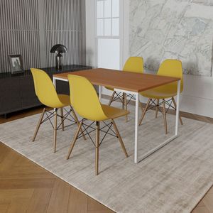 Mesa Industrial Base Ferro Branco Tampo 137X90 Canela 4 Cadeiras Madeira Assento Amarelo Marrom