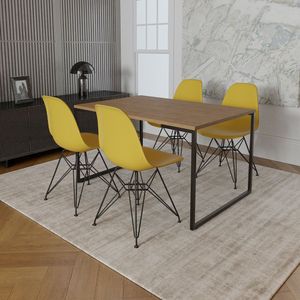 Mesa Industrial Base Ferro Preto Tampo 137X90 Amêndoa 4 Cadeiras Ferro Preto Assento Amarelo Marrom