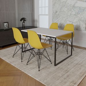 Mesa Industrial Base Ferro Preto Tampo 137X90 Branco 4 Cadeiras Ferro Preto Assento Amarelo Branco
