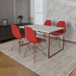 Mesa Industrial Base Ferro Cobre Tampo 137X90 Branco 4 Cadeiras Ferro Cobre Assento Vermelho Branco