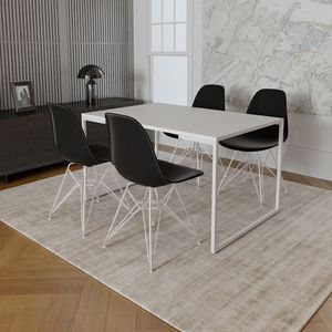 Mesa Industrial Base Ferro Branco Tampo 137X90 Branco 4 Cadeiras Ferro Branco Assento Preto Branco