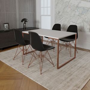 Mesa Industrial Base Ferro Cobre Tampo 137X90 Branco 4 Cadeiras Ferro Cobre Assento Preto Branco