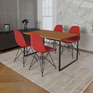 Mesa Industrial Base Ferro Preto Tampo 137X90 Canela 4 Cadeiras Ferro Preto Assento Vermelho Marrom
