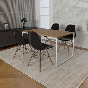 Mesa Industrial Base Ferro Branco Tampo 137X90 Amêndoa 4 Cadeiras Madeira Assento Preto Marrom