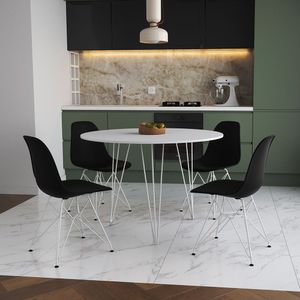 Mesa Jantar Redonda 110Cm Branca Clips 3 Pés Com 4 Cadeiras Pretas Ferro Branco - Cor: Branco