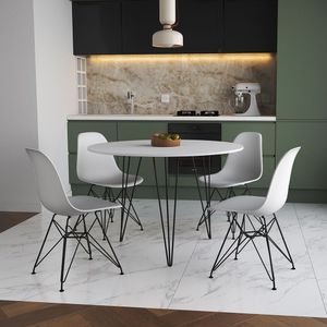 Mesa Jantar Redonda 110Cm Branca Clips 3 Pés Com 4 Cadeiras Brancas Ferro Preto - Cor: Branco