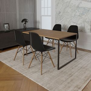 Mesa Industrial Base De Ferro Preto Tampo 137X90 Amêndoa 4 Cadeiras Madeira Assento Preto Preto