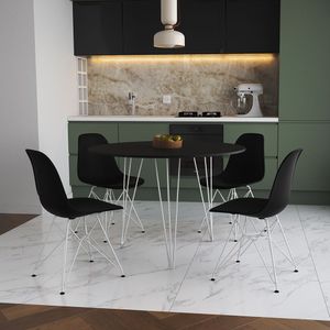 Mesa Jantar Redonda 110Cm Preta Clips 3 Pés Com 4 Cadeiras Pretas Ferro Branco - Cor: Preto