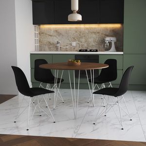 Mesa Jantar Redonda 110Cm Amêndoa Clips 3 Pés Com 4 Cadeiras Pretas Ferro Branco - Cor: Amendoa