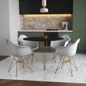 Mesa Jantar Redonda 90Cm Preta Clips 3 Pés Com 4 Poltronas Brancas Base Dourado - Cor: Preto