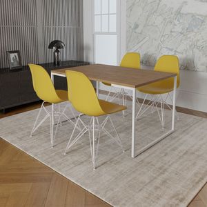 Mesa Industrial Base Ferro Branco Tampo, Amêndoa 4 Cadeiras Ferro Branco Assento Amarelo Marrom