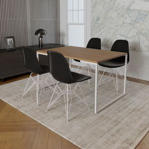 Mesa Industrial Base Ferro Branco Tampo 137X90 Amêndoa 4 Cadeiras Ferro Branco Assento Preto Marrom