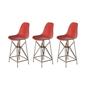 Kit 3 Banquetas Bistrô Alta Eames Vermelha Base Ferro Cobre - Cor: Vermelho