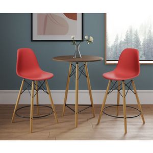 Mesa Bistrô Eames Eiffel Amêndoa Com 2 Banquetas Vermelhas De Madeira - Cor: Marrom