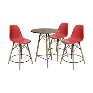 Conjunto Mesa Bistrô Eames Eiffel Amêndoa Com 3 Banquetas Vermelhas De Madeira - Cor: Marrom