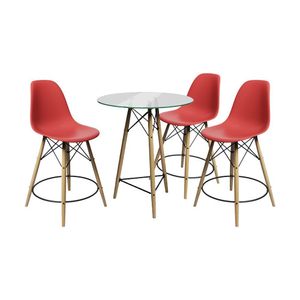 Conjunto Mesa Bistrô Eames Eiffel Vidro Com 3 Banquetas Vermelhas De Madeira - Cor: Vermelho