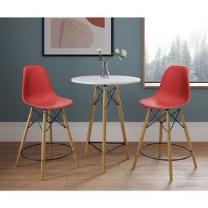 Mesa Bistrô Eames Eiffel Branca Com 2 Banquetas Vermelhas De Madeira - Cor: Branco