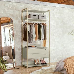 Closet Industrial Aberto Solteiro Cabideiro + 2 Gavetas - Off White - Cor: Off White