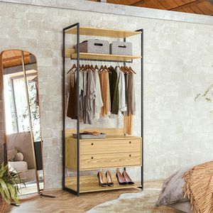 Closet Industrial Aberto Solteiro Cabideiro + 2 Gavetas - Pinus - Cor: Marrom