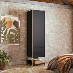 Closet Industrial Solteiro Armario Com Cabideiro + 2 Gavetas Olivar - Preto - Cor: Preto
