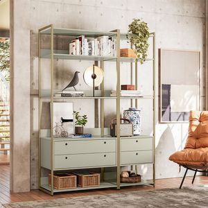 Conjunto De Estante P/ Livro Olivar 10 Prateleiras Abertos 143cm - Off White - Cor: Off White