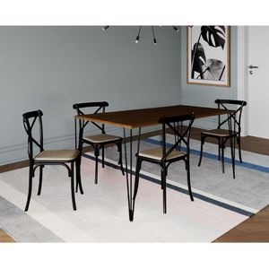 Jogo De Mesa Elen Retangular 140X80Cm Amêndoa Com 4 Cadeiras Katrina Preto Assento - Marrom