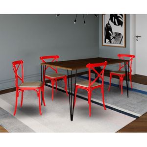 Jogo De Mesa Elen Retangular 140X80Cm Amêndoa Com 4 Cadeiras Katrina Vermelha Assen - Marrom