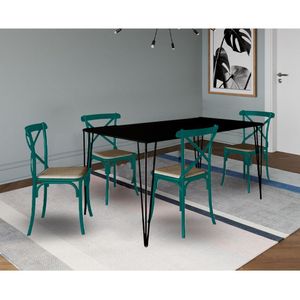 Jogo De Mesa Elen Retangular 140X80Cm Preto Com 4 Cadeiras Katrina Azul Turquesa As - Preto